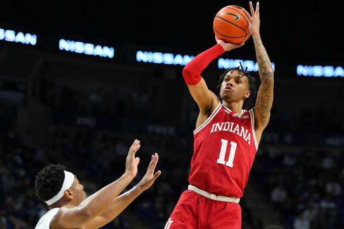 Indiana Hoosiers guard CJ Gunn (11) shoots the ball as Penn State Nittany Lions guard Jalen Pickett (left) defends during the second half at the Bryce Jordan Center.